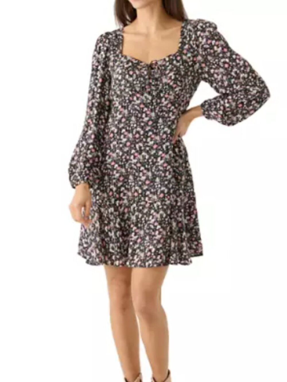 New LUCKY BRAND Black Floral Long-Sleeve Flouncey Mini Dress (Women's XS)